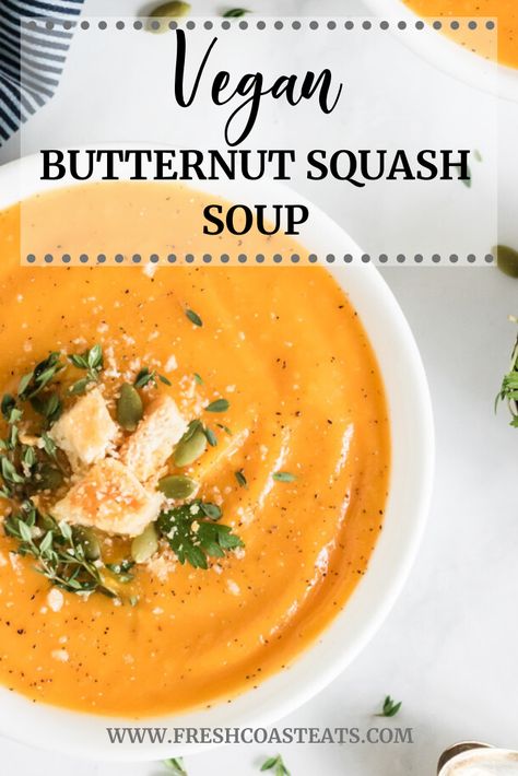 Yum! This healthy vegan butternut squash soup recipe is simply the best! It is so easy and lets the natural creamy flavor of caramelized roasted butternut squash shine. #veganbutternutsquashsoup #butternutsquashsoup #veganbutternutsquashsouprecipe #easy #best #creamy #healthy Vegan Butternut Squash Soup Recipes, Butternut Squash Bisque, Vegan Butternut Squash Soup, Winter Squash Recipes, Vegan Butternut Squash, Comfort Soup Recipes, Butternut Squash Recipes Soup, Squash Soup Recipe, Fresh Sage