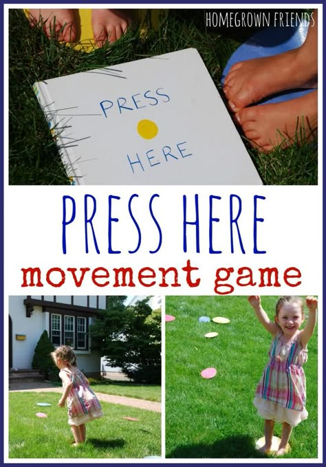 What a fun way to get kids up and moving and exploring the book Press Here! Press Here Activities Preschool, Press Here Book Activities, The Dot Book Activities Preschool, Herve Tullet, Play Activity, Book Press, Preschool Music, Library Activities, Gross Motor Activities