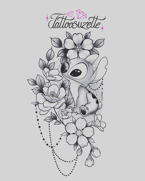 Stitch Floral Tattoo, Stitch Leg Tattoo, Stitch Arm Tattoo, Disney Stitch Tattoo Black And White, Lilo And Stitch Tattoos, Stitch Disney Tattoo, Angel Stitch Disney, Disney Tattoo Designs, Stitch Tattoo Design