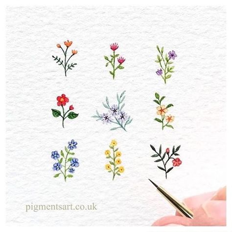 Water Paint Flowers, Different Greens, Acrylic Flower Painting, Simple Hand Embroidery Patterns, Miniature Embroidery, Floral Doodle, Art Process, Hand Embroidery Projects, Watercolor Painting Techniques