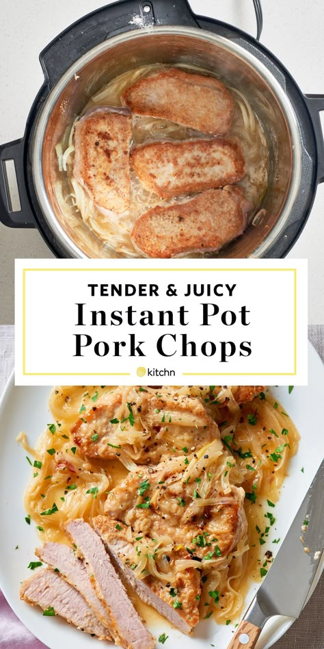 Juicy Tender Instant Pot Pork Chops. Need recipes and ideas for healthy instant pot dinners that are easy enough to make on weeknights? Your family will love this simple dish. Serve with rice or potatoes! You'll need onions for the gravy sauce, boneless pork loin chops, salt, flour, unsalted butter, chicken broth, sour cream or greek yogurt. Great for beginners. Nuwave Pressure Cooker Recipes, Instapot Bone In Pork Chops, Instant Pot Bone In Pork Chops, Instant Pot Pork Chops Bone In, Healthy Instant Pot Dinners, Boneless Pork Loin Chops, Instant Pot Pork Chops, Man Recipes, Instant Pot Dinners