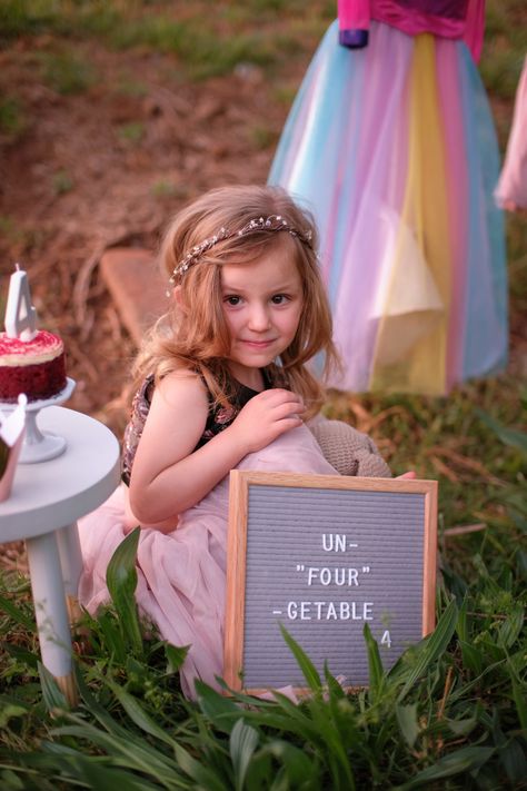 Un-four-gettable fourth birthday photoshoot Un4gettable Birthday Party, Fourth Birthday Pictures, 4 Birthday Photoshoot Ideas, Birthday 4 Girl, Un Four Gettable Birthday Theme, Fourth Birthday Photoshoot, Unfourgettable 4th Birthday Girl, 4 Yr Birthday Ideas, Un Four Gettable Birthday