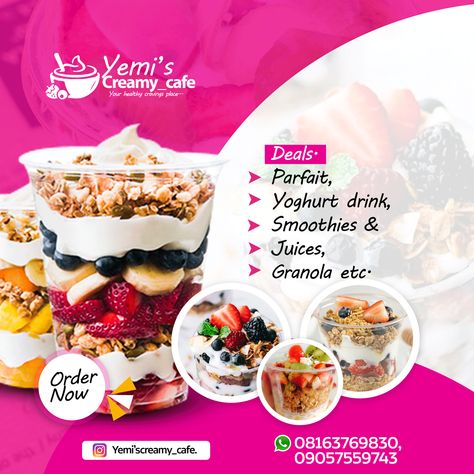 Parfait fliers designs Flier Designs Ideas, Fliers Design, Sample Flyers, Yoghurt Parfait, Food Label Sticker, Food Catalog, Food Web Design, Greek Yogurt Parfait, Brand Design Ideas