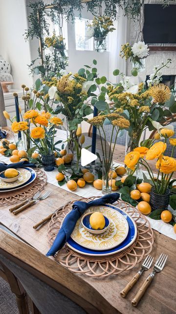 bren | home, holidays & lifestyle | Dallas tx on Instagram: "comment “LINKS” to get everything I used sent directly to your inbox!   Amalfi coast inspired summer tablescape🌞✨💛💙  I found these amazing $3 plates at Target that immediately inspired me to bring some Italian vibes to my dining table. 😍 Their vibrant yellow, blue, and white patterns were the perfect starting point for creating a beautiful summer setting.  To complete the look, I added fresh flowers from Trader Joe’s and mixed in some faux lemon branches for that extra pop of Mediterranean charm.  Cheers to beautiful moments, delicious meals, and the magic of the Amalfi Coast at home. Buon appetito! 🇮🇹❤️  #tablescape #summervibes #amalficoast  #summergathering #yellowandblue #tablescapes #targetfinds #italianinspired #summe Amalfi Coast Table Setting, Mediterranean Table Setting, Mediterranean Tablescape, Amalfi Coast Theme Party, Greek Party Decorations, Birthday Cookout, Almafi Coast Italy, Garden Tablescape, Mediterranean Table