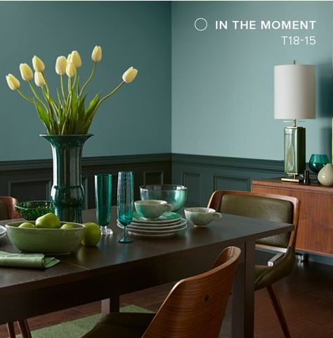 Behr Color Trends 2018 Color Sample In The Moment T18-15 Colors With Wood Trim, Trim Wainscoting, Green Interior Paint, Behr Color Trends, Dark Dining Room, Behr Colors, Modern Ideas, Interior Paint Colors, Green Interiors