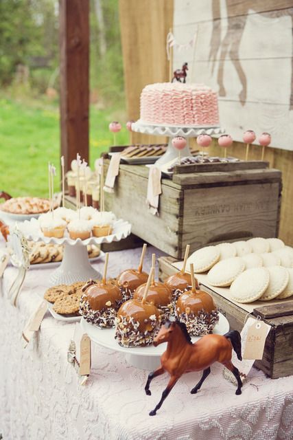 Miss Lovie: Fall Wedding Ideas-Rustic Dessert Table Inspiration Neutral Cowgirl Party, 21st Party Themes, Rustic Dessert Table, Horse Themed Party, Buffet Dessert, Rustic Dessert, Rodeo Party, Pony Birthday Party, Horse Birthday Parties