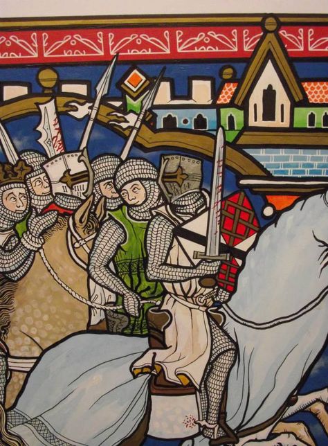 Matthew Ryan "Painting (in period manuscript style, Morgan Bible) of the Battle of Evesham, 1265." 2014 Medieval Art Paintings, Knight On Horse, Medieval Drawings, Medieval Artwork, Medieval Tapestry, Knight In Shining Armor, Historical Armor, Book Of Hours, Knight Art