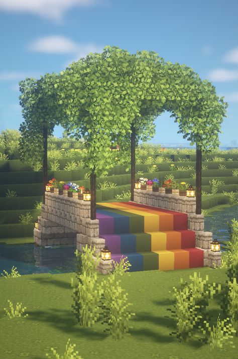 Minecraft Building Ideas Rainbow, Minecraft Buildings Aesthetic, Pride Month Minecraft Builds, Aesthetic Minecraft Builds Cottagecore House, Pixel Building Architecture, Dsmp Minecraft Builds, Minecraft Wedding Arch, Minecraft Lesbian Flag, Lesbian Minecraft House