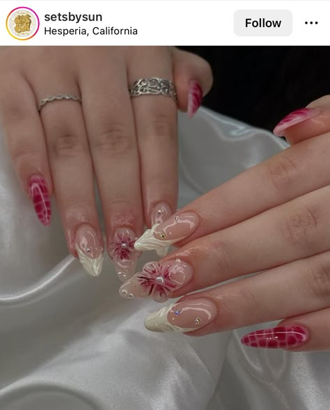 Almond Ideas Nails, Nail Ideas Jewels, Summer Bday Nails, Jelly Flower Nails, Summer Acrylic Nail Designs 2024, Birthday Summer Nails, Sculpted Flower Nails, Fairy Inspired Nails, 3 D Nails