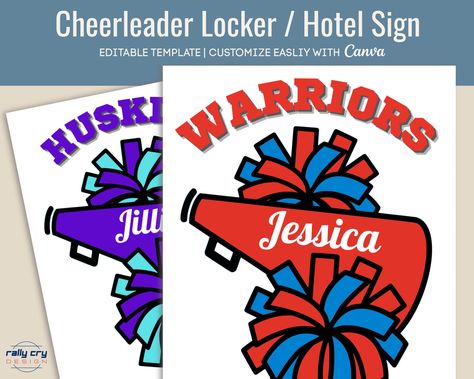 Excited to share the latest addition to my #etsy shop: Cheerleader Locker decoration sign, Hotel door sign tag, Cheer Team spirit poster, Travel pride Name tag, Customizable Canva Template CHR004 https://etsy.me/3UjR0Ga Cheer Locker Signs, Locker Signs, Hotel Sign, September Art, Locker Tags, Spirit Signs, Locker Decorations, Travel Team, Hotel Door