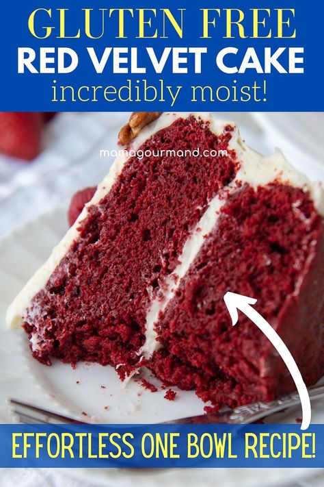 Bite into a dream come true with an ultra moist Gluten Free Red Velvet Cake recipe that is also ridiculously easy to throw together! Slather on a batch of light and fluffy cream cheese frosting for the literal icing on this to-die-for cake! #glutenfreeredvelvetcake #recipe #creamcheesefrosting #easy #southern #moist Homemade Gluten Free Cake Recipes, Gluten Free Recipes Cake, Cake Gluten Free, Light Gluten Free Desserts, Gluten Free Southern Food, Moist Gluten Free Cake, Gf Red Velvet Cake Recipe, Flourless Red Velvet Cake, Best Gluten Free Cake