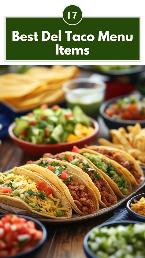 A selection of popular Del Taco menu items, including tacos, burritos, and tostadas, showcasing fresh ingredients and delicious flavors. Taco Bueno, Taco Menu, Tacos Menu, Delicious Sides, Taco Dinner, Del Taco, Menu Items, Satisfying Food, Yummy Sides