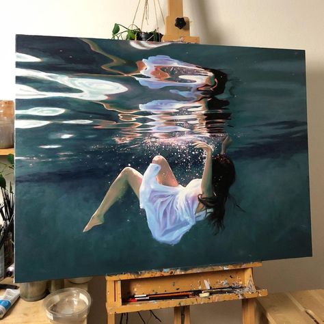 Lena Danya on Instagram: ““Clarity” 40x30in oil on canvas I just realized that I never posted this painting to my IG even though I finished it over a month ago and…” Lena Danya, Underwater Photoshoot, Emotional Painting, Reflection Painting, Underwater Painting, Surface Art, Water Drawing, Art Painting Gallery, Water Art