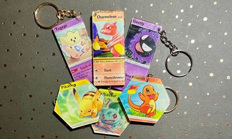 Pokémon Keychains Upcycled Pokémon Cards - Etsy Pokemon Keychain Diy, What To Do With Extra Pokemon Cards, Pokemon Cards Crafts Ideas, Things To Do With Pokemon Cards, Upcycle Pokemon Cards, Pokémon Card Art, Pokemon Cards Diy, Pokemon Card Crafts, Pokémon Nursery