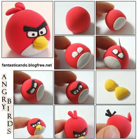 Red Angry Bird Fondant Tutorial Red Angry Bird, Fimo Kawaii, Crea Fimo, Jumping Clay, Angry Birds Cake, Angry Birds Party, Fondant Animals, Cake Topper Tutorial, Bird Cakes