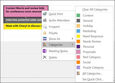 Assign a color category to a calendar appointment, meeting, or event - Outlook Event Planning Office, Outlook Calendar, Event Planning Decorations, One Note Microsoft, Appointment Calendar, Free Printable Flash Cards, Digital Organization, Work Skills, Meeting Notes