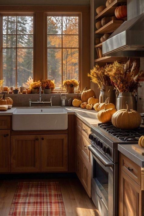 Fall Kitchen Shelves Decor, Fall Decorated Kitchen, Autumn Kitchen Aesthetic, Autumn Bloxburg, Cozy Fall Kitchen, Fall Town, Fall Kitchen Decor Ideas, Fall Living Room Ideas, Cozy Fall Living Room