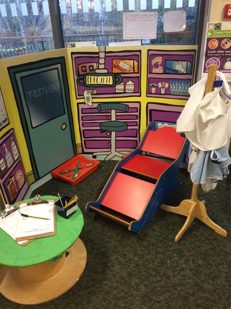 #Dentist role play area borrowed from a local dentist #eyfs #roleplaydentist #earlylearning Dentist Dramatic Play Preschool, Dentist Role Play, Dentist Ideas, Dental Room, Senior Infants, After School Art, Role Play Areas, Dentist Clinic, People Who Help Us