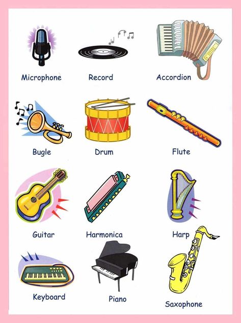 Learn English Vocabulary through Pictures: Musical Instruments 15 Music Vocabulary, How To Speak Italian, Visual Dictionary, Kids Musical Instruments, Vocabulary Lessons, Learning English For Kids, Music Worksheets, Kids Schedule, English Vocab