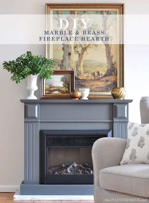 Easy DIY “Marble” Hearth…and a fireplace makeover Hearth Makeover, Marble Hearth, Grey Fireplace, Simple Fireplace, Diy Fireplace Makeover, Fireplace Seating, Diy Interior Decor, Paint Fireplace, Shiplap Fireplace