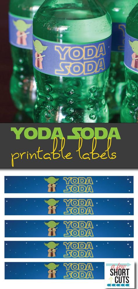 These are the best for any Star Wars party or May the Fourth! Go now to download and print these great Yoda Soda Printable Labels! Star Wars Essen, Yoda Soda, Star Wars Party Food, Decoracion Star Wars, Yoda Party, Star Wars Printables, Star Wars Baby Shower, Star Wars Theme Party, Star Wars Food