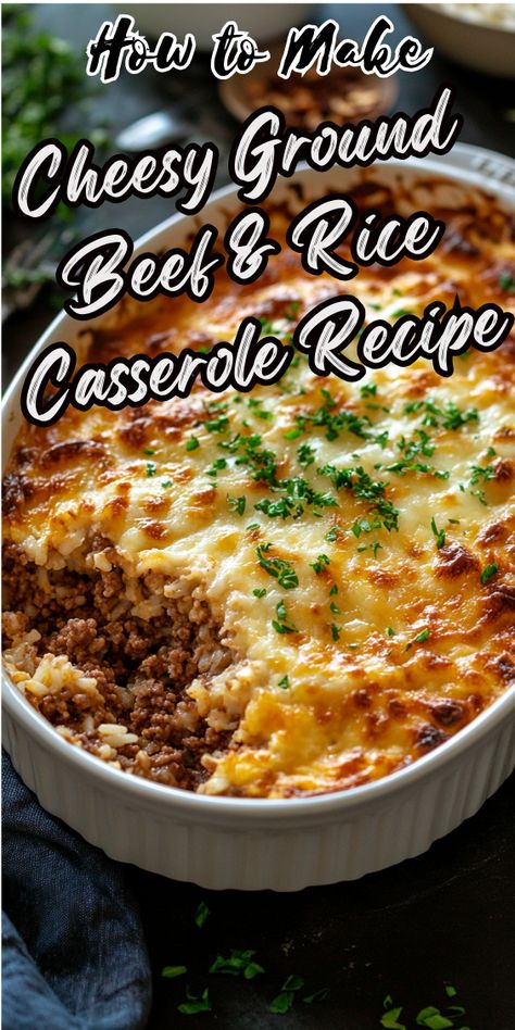 Cheesy Ground Beef & Rice Casserole Recipe Ground Beef Peas Rice, Cheesy Ground Beef And Cauliflower Rice Casserole, Hamburger Recipes With Rice, Rice And Burger Recipes, Ground Beef Recipes With Rice, Ground Beef And Rice Recipes For Dinner, Rice And Beef Recipes, Ground Beef With Rice, Ground Beef Rice Casserole