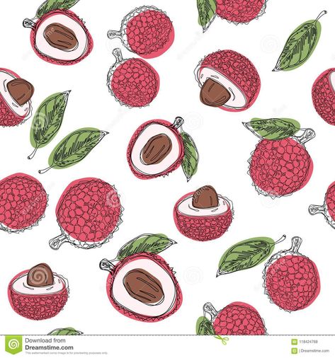 Lychee fruit hand draw graphic color seamless pattern. Continuous line hand drawn. Lichi Fruit Drawing, Lychee Wallpaper, Lychee Drawing, Lychee Tattoo, Lichi Fruit, Cup Minuman, Label Botol, Litchi Fruit, Rosé Cartoon