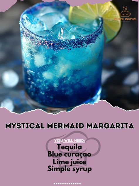 🌊🧜‍♀️ Dive into the enchanting flavors of the Mystical Mermaid Margarita—perfect for a magical cocktail experience! 🍹✨ #MermaidMargarita #CocktailMagic Mystical Mermaid Margarita Ingredients: Tequila (2 oz) Blue curaçao (1 oz) Lime juice (1 oz) Simple syrup (1/2 oz) Coconut water (1 oz) Ice (as needed) Lime wheel (for garnish) Edible glitter (optional) Instructions: In a shaker, combine tequila, blue curaçao, lime juice, simple syrup, and coconut water with ice. Shake well and strain into... Blue Margarita Recipe Curacao, Mermaid Margarita, Cocktails With Blue Curacao, Blue Margarita Recipe, Mermaid Cocktail, Mermaid Drink, Mystical Mermaid, Cocktail Experience, Blue Margarita