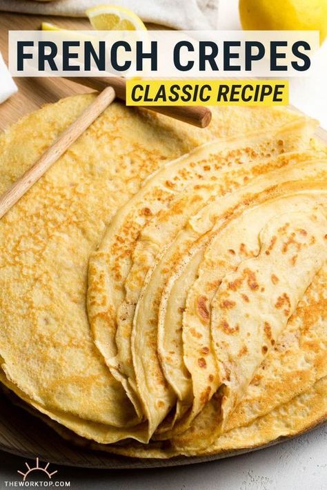 This easy crepe recipe makes the best crepes! If you are looking for a basic crepe recipe, this post gives you tips and tricks to make perfect French crepes. We love making this simple recipe for breakfast. Get the recipe on www.theworktop.com. || #crepes #breakfastrecipes #theworktop Making Crepes Video, Crêpe Recipes Easy, Best Crepe Recipe Ever, How To Make Crepes, Authentic French Crepes Recipe, Crepe Ideas, French Crepes Recipe, Basic Crepes, Crepes Recipe Breakfast