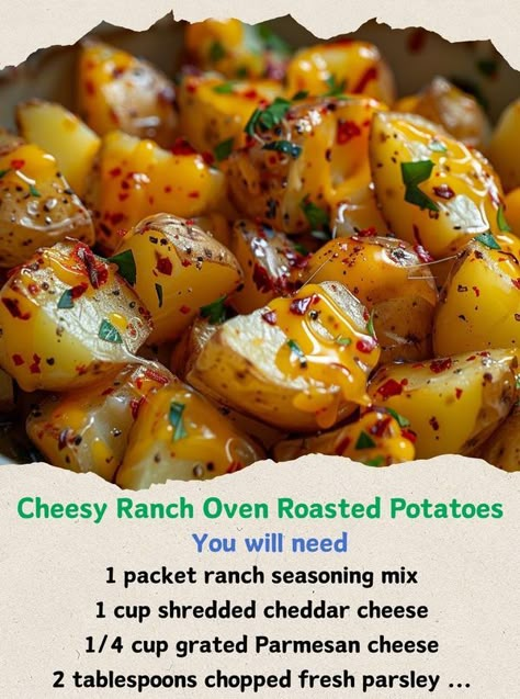 Cooking Family Recipes | Cheesy Ranch Oven Roasted Potatoes  | Facebook Gold Potato Recipes, Roasted Yukon Gold Potatoes, Potato Side Dishes Easy, Comfy Food, Cheesy Ranch, Ranch Potatoes, Oven Roasted Potatoes, Fast Dinner, Ranch Seasoning Mix