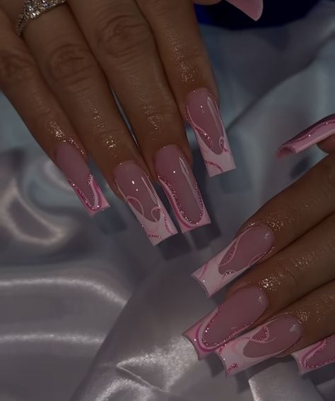 Cute Long Square Nails Ideas, Spring Nail Sets Square, Nails For Festival, Nails W Butterflies, Nice Acrylic Nails, Pink Nail Designs Square, Pink Nails Aesthetic, Square Nails Ideas, Pink Square Nails