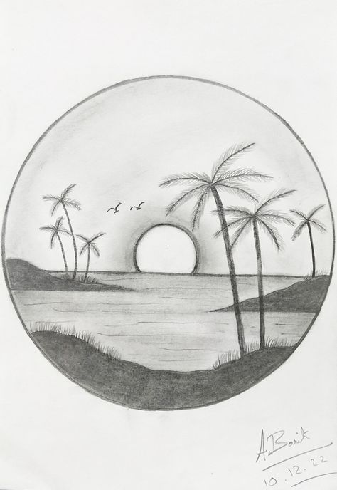 Pencil sketch artwork ✏️👆 Scenery Drawing Pencil Sketches, Sunset Pencil Sketch, Sunset Sketch Pencil Easy, Sunset Drawing Pencil Sketch, Sunset Sketch, Scenery Drawing Pencil, Drawing Sunset, Simple Sketches, Beach Drawing