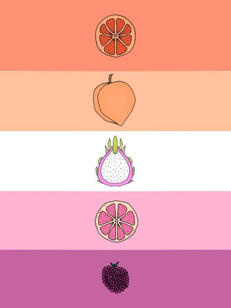 Subtle lesbian pride flag detailed with fruit. Covertly display your pride Subtle Poster, Lesbian Flag Tattoo, Lesbian Flag Nails, Pastel Lesbian Flag, Subtle Pride Tattoo, Sapphic Flag, Lesbian Flag Aesthetic, Subtle Pride Art, Lesbian Flag Aesthetic Art Subtle