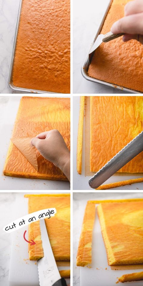 How to cut a sponge cake to make a perfect roll cake. This quick tip helps the cake stand stable. #rollcake #spongecake How To Roll A Cake Roll, How To Make Cake Roll, Sponge Roll Cake Recipe, How To Make A Cake Roll, How To Make A Sponge Cake, Jelly Roll Cake Design, How To Make Roll Cake, Swiss Roll Birthday Cake, Sponge Cake Decoration Ideas