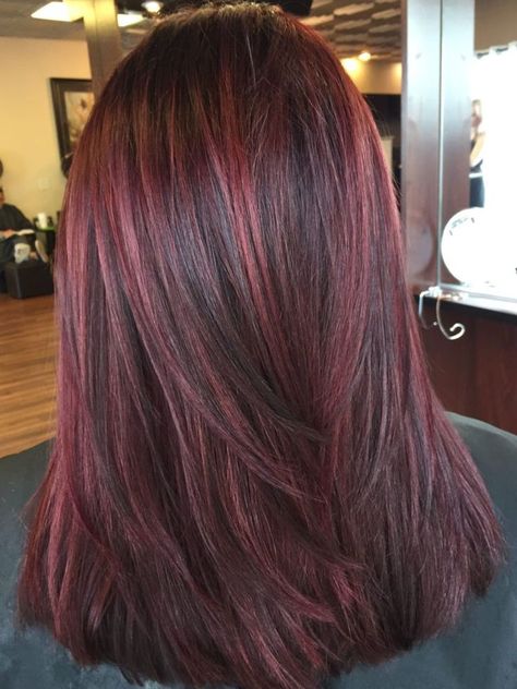 Burgundy Hair Colour On Black Hair, Red High Light Hair Dark Brown, Deep Burgundy Balayage, Short Burgundy Hair With Highlights, Red Black Ombre Hair, Dark Red Hair Color With Highlights, Red Lowlights In Brown Hair, Deep Red Highlights, Red Highlights In Brown Hair