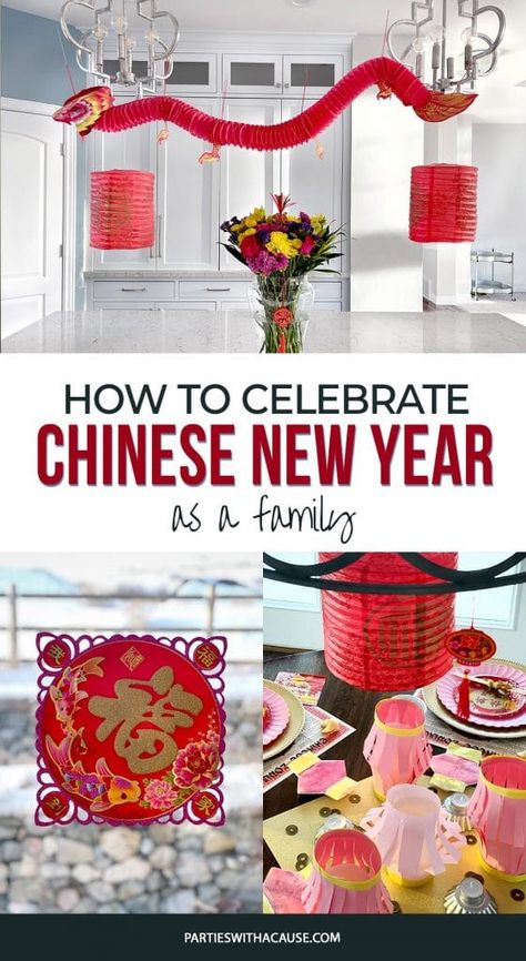 Ever wondered how to celebrate Lunar New Year (also known as Chinese New Year)? I asked a Chinese friend and designed this celebration for families. If you've ever wanted to learn more about Chinese culture or Lunar New Years itself, you've got to check this out at PartiesWithACause.com #chinesenewyear #lunarnewyear #chinesenewyearparty How To Celebrate Chinese New Year, Chinese New Year Decorations Ideas 2023, Lunar New Year Celebration Ideas, Lunar New Year Birthday Party, How To Celebrate Lunar New Year, Chinese New Year Centerpieces, Chinese New Year Birthday Party, Lunar New Year Party Ideas, Chinese New Year Party Ideas