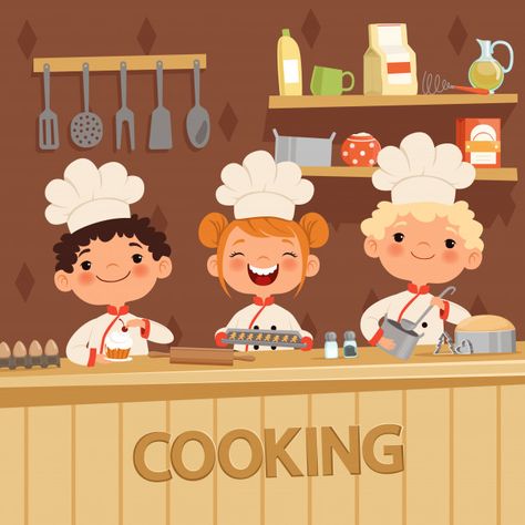 Background of kids preparing food on the... | Premium Vector #Freepik #vector #background #food #people #kids Childrens Cooking, Cartoon Chef, Kid Chef, Kids Cartoon Characters, Cooking Classes For Kids, Kids Background, Kids Vector, Kids Menu, Free Cartoons