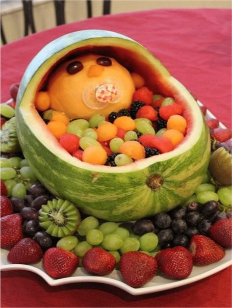 Beautiful Baby Shower Fruit Bowls And Presentation Ideas - Tulamama Watermelon Baby Carriage, Baby Shower Watermelon, Carved Fruit, Baby Shower Fruit, Fruit Baby, Watermelon Baby, Watermelon Carving, Food Shapes