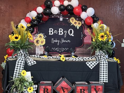 Decorating A Gazebo For A Party, Bbq Balloon Arch, Bbq Balloons, Baby Q Balloon Arch, Baby Q Gender Reveal Decorations, Babyque Gender Reveal, Baby Q Gender Reveal, Babyque Shower Ideas Decorations, Bbq Gender Reveal Ideas