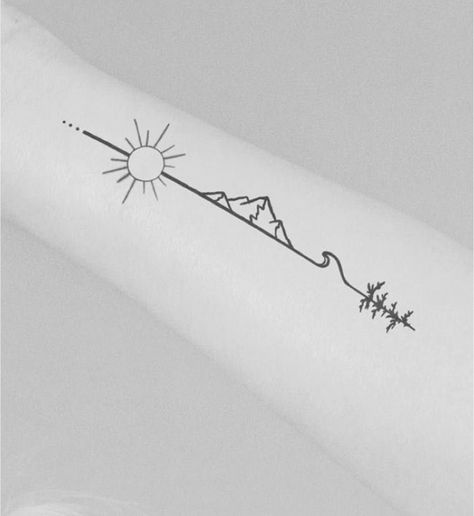 Moutain Tattoos, Small Nature Tattoo, Natur Tattoo Arm, Adventure Tattoo, Wrist Tattoos For Women, Line Art Tattoos, Subtle Tattoos, Time Tattoos, Nature Tattoos