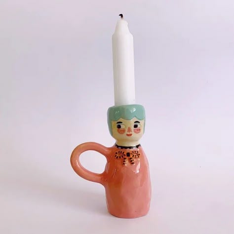 Candlestick Pottery, Lady In Pink, Clay Candle, Candle Stick Holder, Kids Pottery, Keramik Design, Ceramic Candle Holders, Ceramic Figures, Stick Figure