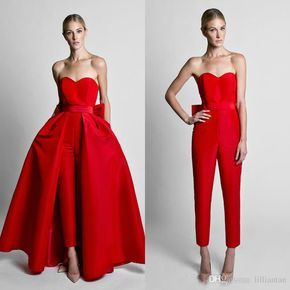 Red Jumpsuits, Jumpsuit Evening, Krikor Jabotian, Classy Prom, Detachable Skirt, Evening Dress Fashion, Plus Size Vintage, White Short Dress, Red Jumpsuit