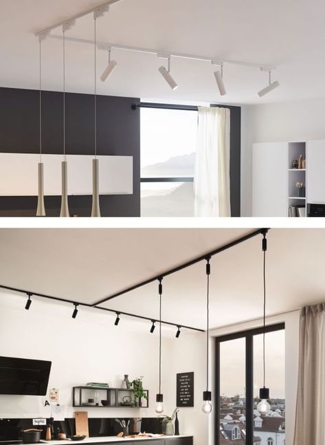 Ceiling Rail Lighting, Kitchen Track Lighting Ideas, Track Lights Living Room, Track Lighting Living Room, Rail Lighting, Kitchen Rails, Track Lighting Kitchen, Kitchen Lighting Ideas, Narrow Kitchen