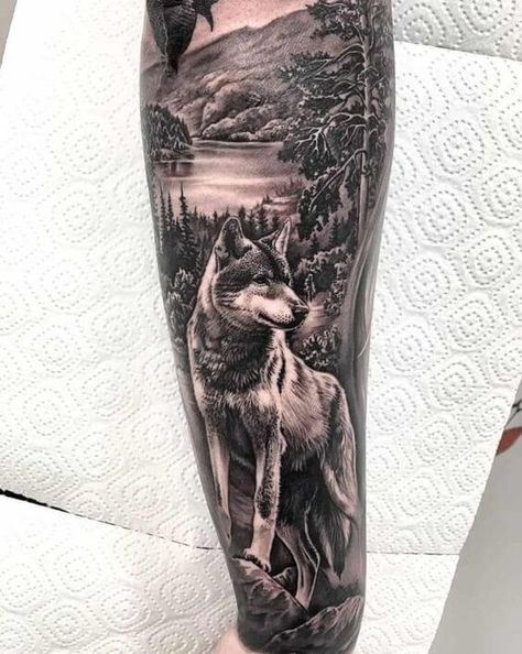 25 Wolf Forearm Tattoo Ideas For Men & Women | PetPress Wolf Tattoo Forearm, Natur Tattoo Arm, Wolf Sleeve, Model Tattoos, Wolf Tattoos Men, Animal Sleeve Tattoo, Nature Tattoo Sleeve, Sanskrit Tattoo, Half Sleeve Tattoos Drawings