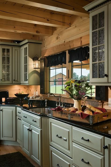 Log Cabin Kitchens, Log Cabin Kitchen, Dapur Rustic, Log Home Kitchens, Rustic Kitchens, Glass Kitchen Cabinets, Rustic Country Kitchens, Rustic Kitchen Cabinets, Kabinet Dapur