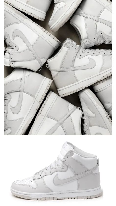 Minimal nike dunk sneakers in vast grey #nike #nikesneakers #nikedunk Grey Nike High Tops, Nike Dunk High Gray, Light Grey Nike Dunks, Gray High-top Jordan Shoes, Nike Dunk High Retro White Vast Grey, Gray And White Jordans, Nike Dunks High, White Jordans, White High Tops