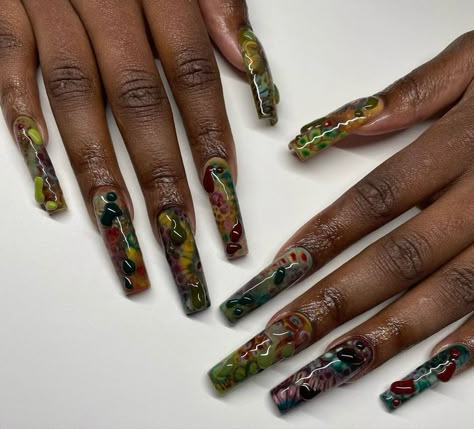 Bohemian Acrylic Nails, Long Boho Nails, Spiritual Nails Acrylic, Maximalist Nail Design, Neo Soul Nails, Sza Inspo Nails, Ethereal Nails Acrylic, Boho Nails Acrylic, Hippy Nail Designs