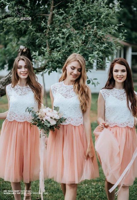 Two Piece Bridesmaid Dresses by StylishBrideAccs Tulle Bridesmaids, Wedding Crop Top, Two Piece Bridesmaid Dresses, Peach Wedding Colors, Tulle Skirt Bridesmaid, Bridesmaid Separates, Bridesmaid Tulle, Bridesmaid Skirts, Lace Sleeveless Top