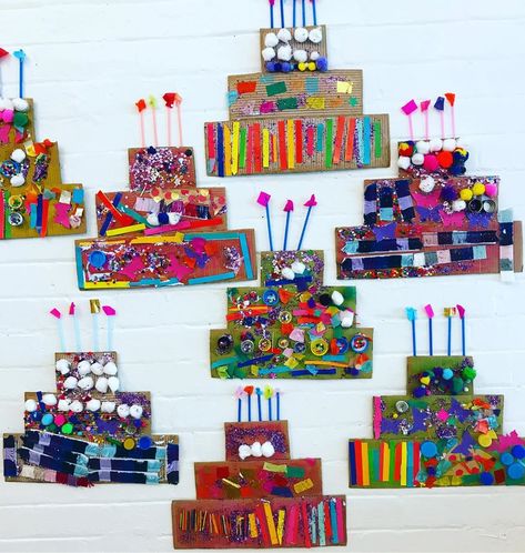 Pip Dot Art Studio on Instagram: “Cardboard birthday cakes made by 3-5 year olds! So lovely and so creative @merrilynread…” Cake Craft Preschool, Birthday Cake Craft, Birthday Cake Preschool Craft, Art For Six Year Olds, Birthday Cake Collage Art, House Collage Kids Art, Kids Art Class, Cake Craft, Birthday Calendar