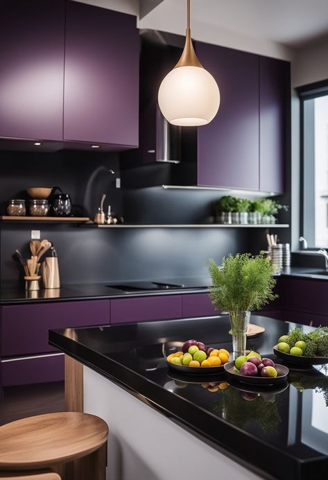 Dark Colors in Kitchen Decor (From Plum to Aubergine) Purple Kitchen Designs, Violet Kitchen, Purple Kitchen Decor, Plum Walls, Plum Kitchen, Kitchen Shades, Cocina Ideas, Kitchen Peninsula, Purple Kitchen